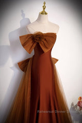 Noble And Unique Chocolate Sleeveless Semi Formal Prom Dress Chocolate Mermaid Strapless Tulle Butterfly Knot Dew Back Strap Long And Floor Evening Dress
