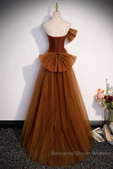 Noble And Unique Chocolate Sleeveless Semi Formal Prom Dress Chocolate Mermaid Strapless Tulle Butterfly Knot Dew Back Strap Long And Floor Evening Dress