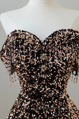 Off Shoulder A-Line Coffee Gold Sequin Long Semi Formal Prom Dress, Coffee Gold Evening Dress
