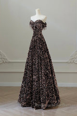 Off Shoulder A-Line Coffee Gold Sequin Long Semi Formal Prom Dress, Coffee Gold Evening Dress