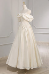 Off Shoulder A-Line Satin Beige Long Semi Formal Prom Dress, Beige Long Formal Dress