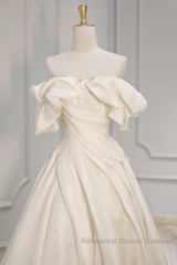 Off Shoulder A-Line Satin Beige Long Semi Formal Prom Dress, Beige Long Formal Dress