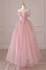 Off Shoulder Beading Pink Tulle Princess Semi Formal Prom Dress