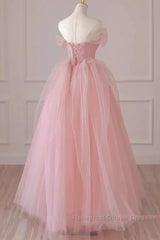 Off Shoulder Beading Pink Tulle Princess Semi Formal Prom Dress