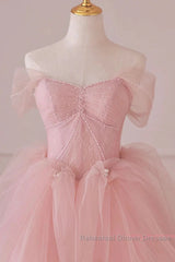 Off Shoulder Beading Pink Tulle Princess Semi Formal Prom Dress