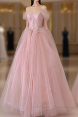 Off Shoulder Beading Pink Tulle Princess Semi Formal Prom Dress