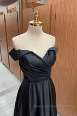 Off Shoulder Black Satin Long Semi Formal Prom Dresses, Long Black Formal Graduation Evening Dresses