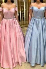 Off Shoulder Blue Long Semi Formal Prom Dresses with Belt, Pink Formal Dresses, Blue Evening Dresses
