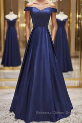 Off Shoulder Blue Satin Long Semi Formal Prom Dresses, Off Shoulder Blue Formal Dresses, Blue Evening Dresses
