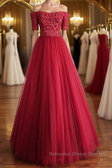 Off Shoulder Burgundy Lace Long Semi Formal Prom Dresses, Burgundy Lace Formal Dresses, Burgundy Evening Dresses