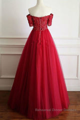 Off Shoulder Burgundy Lace Long Semi Formal Prom Dresses, Burgundy Lace Formal Dresses, Burgundy Evening Dresses