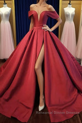 Off Shoulder Burgundy Satin Long Semi Formal Prom Dresses, V Neck Burgundy Formal Evening Dresses, Burgundy Ball Gown