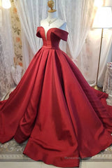 Off Shoulder Burgundy Satin Long Prom Dress, V Neck Burgundy Formal Evening Dress, Burgundy Ball Gown