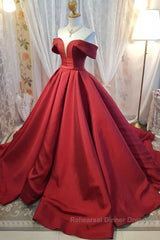 Off Shoulder Burgundy Satin Long Semi Formal Prom Dresses, V Neck Burgundy Formal Evening Dresses, Burgundy Ball Gown