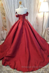 Off Shoulder Burgundy Satin Long Semi Formal Prom Dresses, V Neck Burgundy Formal Evening Dresses, Burgundy Ball Gown