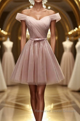 Off Shoulder Dusty Pink Tulle Short Semi Formal Prom Dresses Homecoming Dresses, Short Pink Formal Graduation Evening Dresses