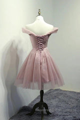 Off Shoulder Dusty Pink Tulle Short Semi Formal Prom Dresses Homecoming Dresses, Short Pink Formal Graduation Evening Dresses