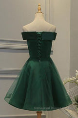 Off Shoulder Green Lace Floral Semi Formal Prom Dresses, Short Green Lace Homecoming Dresses, Green Formal Evening Dresses