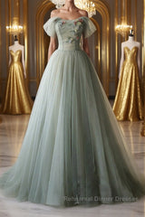Off Shoulder Green Tulle Floral Long Semi Formal Prom Dresses, Off the Shoulder Green Formal Evening Dresses with 3D Flowers