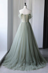 Off Shoulder Green Tulle Floral Long Semi Formal Prom Dresses, Off the Shoulder Green Formal Evening Dresses with 3D Flowers