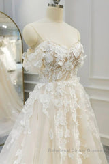 Off Shoulder Light Champagne Tulle Lace Long Semi Formal Prom Dresses, Light Champagne Lace Formal Evening Dresses