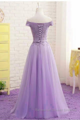 Off Shoulder Light Purple Lace Long Semi Formal Prom Dresses, Off the Shoulder Lilac Lace Formal Dresses, Purple Evening Dresses