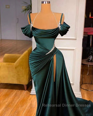 Off Shoulder Satin Green Slit Beading Mermaid Semi Formal Prom Dress