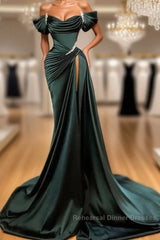 Off Shoulder Satin Green Slit Beading Mermaid Semi Formal Prom Dress