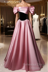 Off Shoulder Satin Scoop A-Line Long Party Dress, Pink And Black Semi Formal Prom Dress Evening Dress
