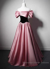 Off Shoulder Satin Scoop A-Line Long Party Dress Semi Formal Prom Dress Evening Dress