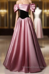 Off Shoulder Satin Scoop A-Line Long Party Dress Semi Formal Prom Dress Evening Dress