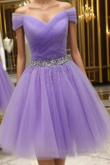 Off Shoulder Sequins Lilac Short Semi Formal Prom Dresses Homecoming Dresses, Off Shoulder Lilac Lavender Formal Graduation Evening Dresses