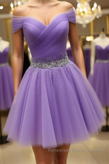 Off Shoulder Sequins Purple Short Semi Formal Prom Dresses, Off the Shoulder Purple Homecoming Dresses, Short Purple Formal Evening Dresses