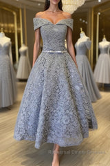 Off Shoulder Tea Length Gray Lace Semi Formal Prom Dresses, Off the Shoulder Gray Homecoming Dresses, Gray Lace Formal Evening Dresses
