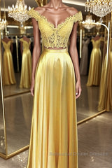 Off Shoulder Two Pieces Lace Yellow Long Semi Formal Prom Dresses, Off the Shoulder Yellow Lace Formal Dresses, Two Pieces Yellow Lace Evening Dresses