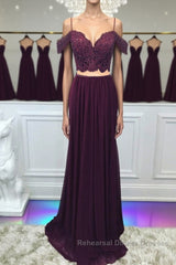 Off Shoulder Two Pieces Purple Lace Long Semi Formal Prom Dresses, 2 Pieces Purple Formal Dresses, Purple Lace Evening Dresses