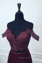 Off Shoulder Two Pieces Purple Lace Long Semi Formal Prom Dresses, 2 Pieces Purple Formal Dresses, Purple Lace Evening Dresses