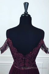 Off Shoulder Two Pieces Purple Lace Long Semi Formal Prom Dresses, 2 Pieces Purple Formal Dresses, Purple Lace Evening Dresses