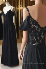 Off Shoulder V Neck Black Lace Long Semi Formal Prom Dresses, Off Shoulder Black Formal Dresses, Black Lace Evening Dresses