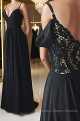 Off Shoulder V Neck Black Long Semi Formal Prom Dresses with Lace Back, Off the Shoulder Black Formal Dresses, Black Lace Evening Dresses