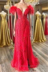 Off Shoulder V Neck Mermaid Red Lace Long Semi Formal Prom Dresses with High Slit, Mermaid Red Formal Dresses, Red Lace Evening Dresses