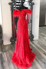 Off Shoulder V Neck Mermaid Red Lace Long Semi Formal Prom Dresses with High Slit, Mermaid Red Formal Dresses, Red Lace Evening Dresses