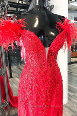 Off Shoulder V Neck Mermaid Red Lace Long Semi Formal Prom Dresses with High Slit, Mermaid Red Formal Dresses, Red Lace Evening Dresses