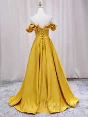 Off Shoulder V Neck Yellow Satin Long Semi Formal Prom Dresses, Off The Shoulder Yellow Formal Dresses, Yellow Evening Dresses