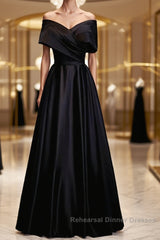 Off the Shoulder Black Long Semi Formal Prom Dresses with Corset Back, Black Off the Shoulder Formal Evening Dresses