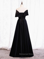 Off the Shoulder Black Long Semi Formal Prom Dresses with Corset Back, Black Off the Shoulder Formal Evening Dresses
