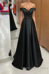 Off the Shoulder Black Satin Long Semi Formal Prom Dresses, Black Off Shoulder Formal Evening Dresses