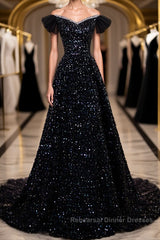 Off the Shoulder Black Sequin Semi Formal Prom Dresses, Black Long Formal Evening Dresses