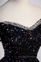 Off the Shoulder Black Sequin Semi Formal Prom Dresses, Black Long Formal Evening Dresses