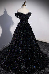 Off the Shoulder Black Sequin Semi Formal Prom Dresses, Black Long Formal Evening Dresses